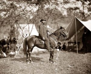 Allan Pinkerton on horseback at the Antietam Battlefield in 1862.