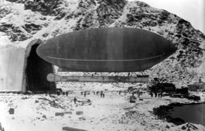 The airship, <i>America</i> at Spitzbergen, with its hangar, 1906 or 1907. Courtesy of Wikipedia.